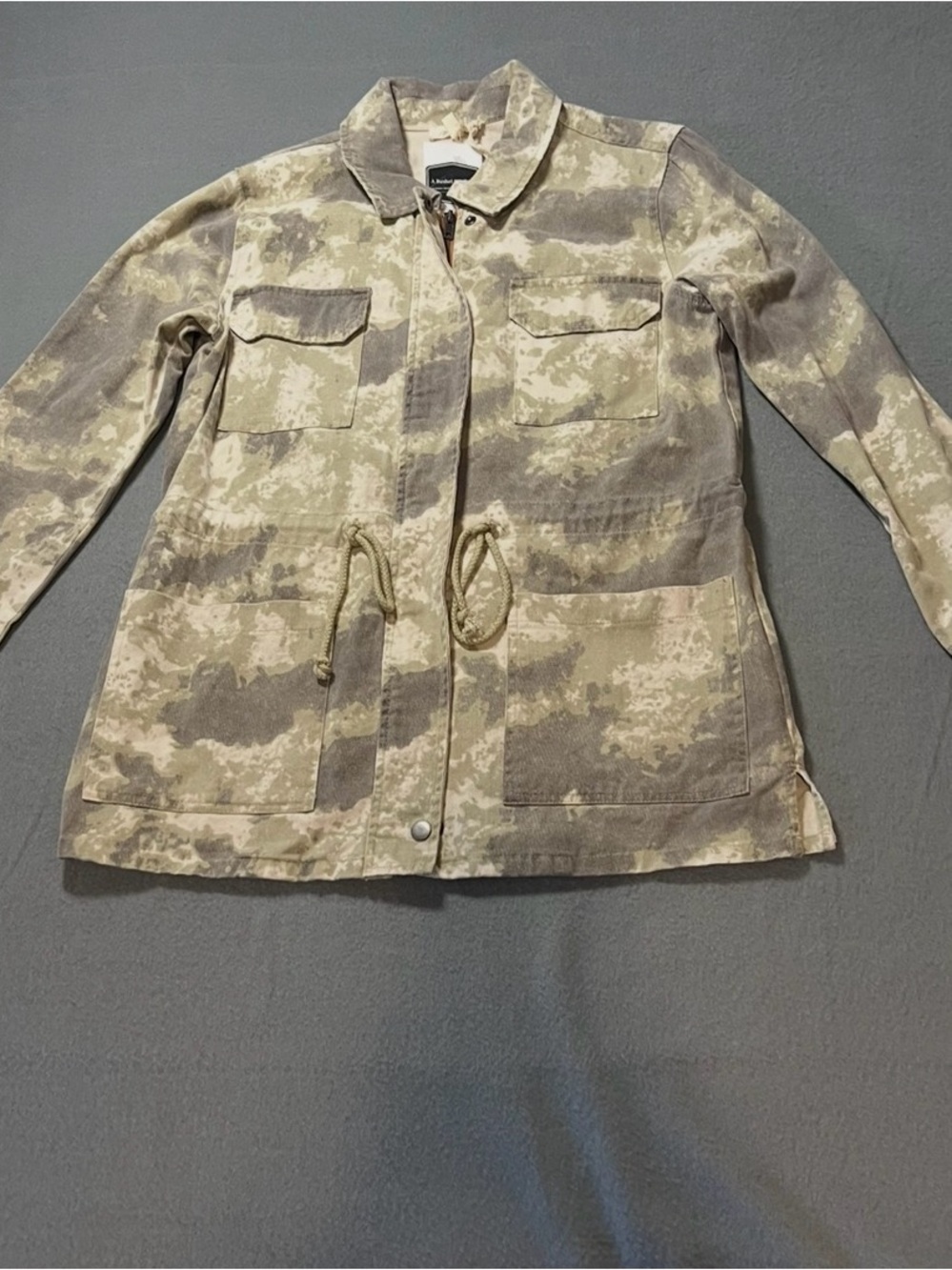 Mystree Neutral Camo Drawstring Utility Jacket in Beige and Taupe